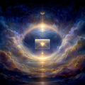 An ethereal spiritual illustration showing a glowing golden envelope surrounded by celestial light, clouds, stars, and a crescent moon, symbolizing daily spirit guide messages delivered with calm and clarity.